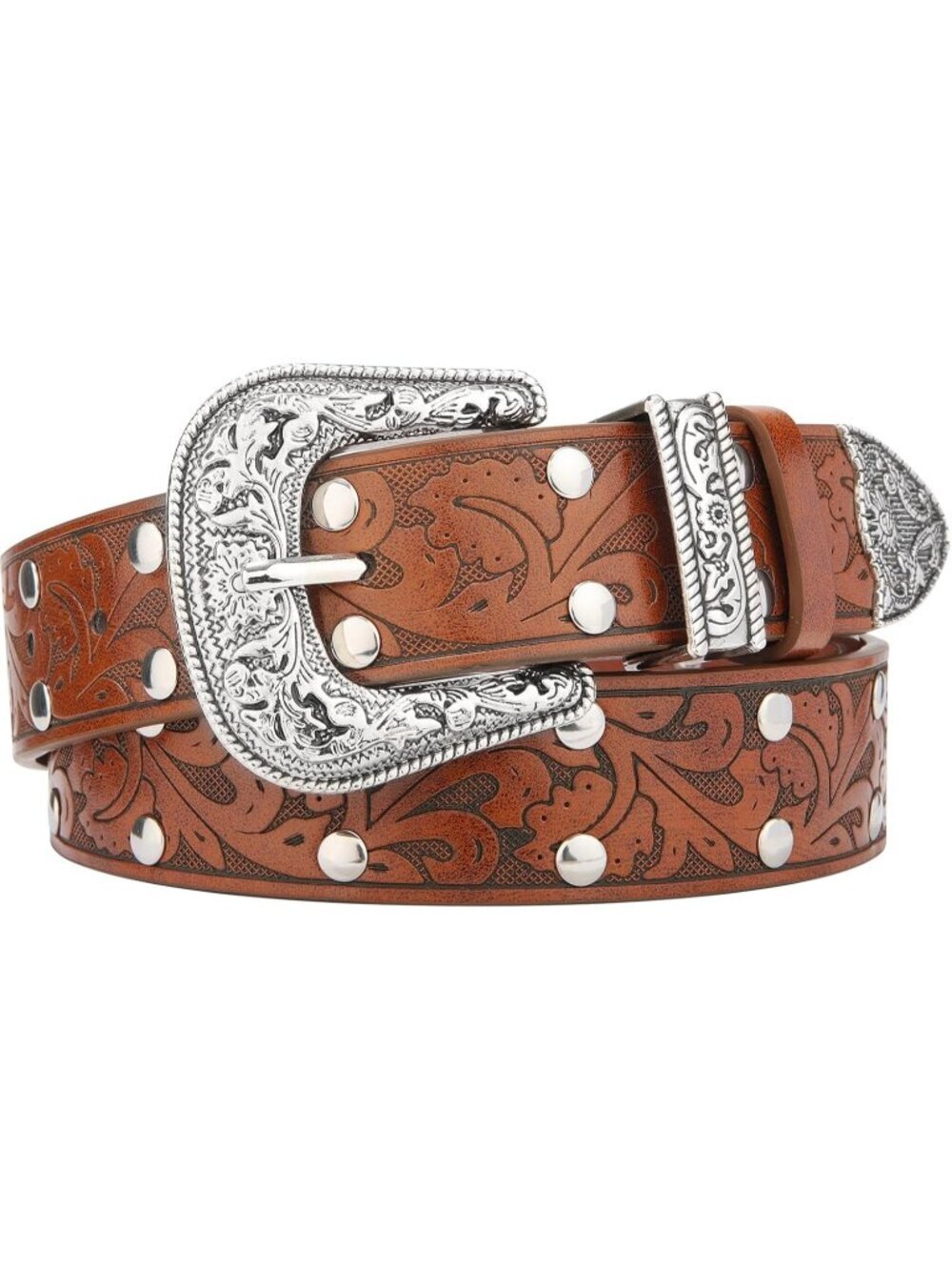 Women Brown PU Leather Belt Western Cowboy Cowgirl Vintage Belt Engraved Rivet
